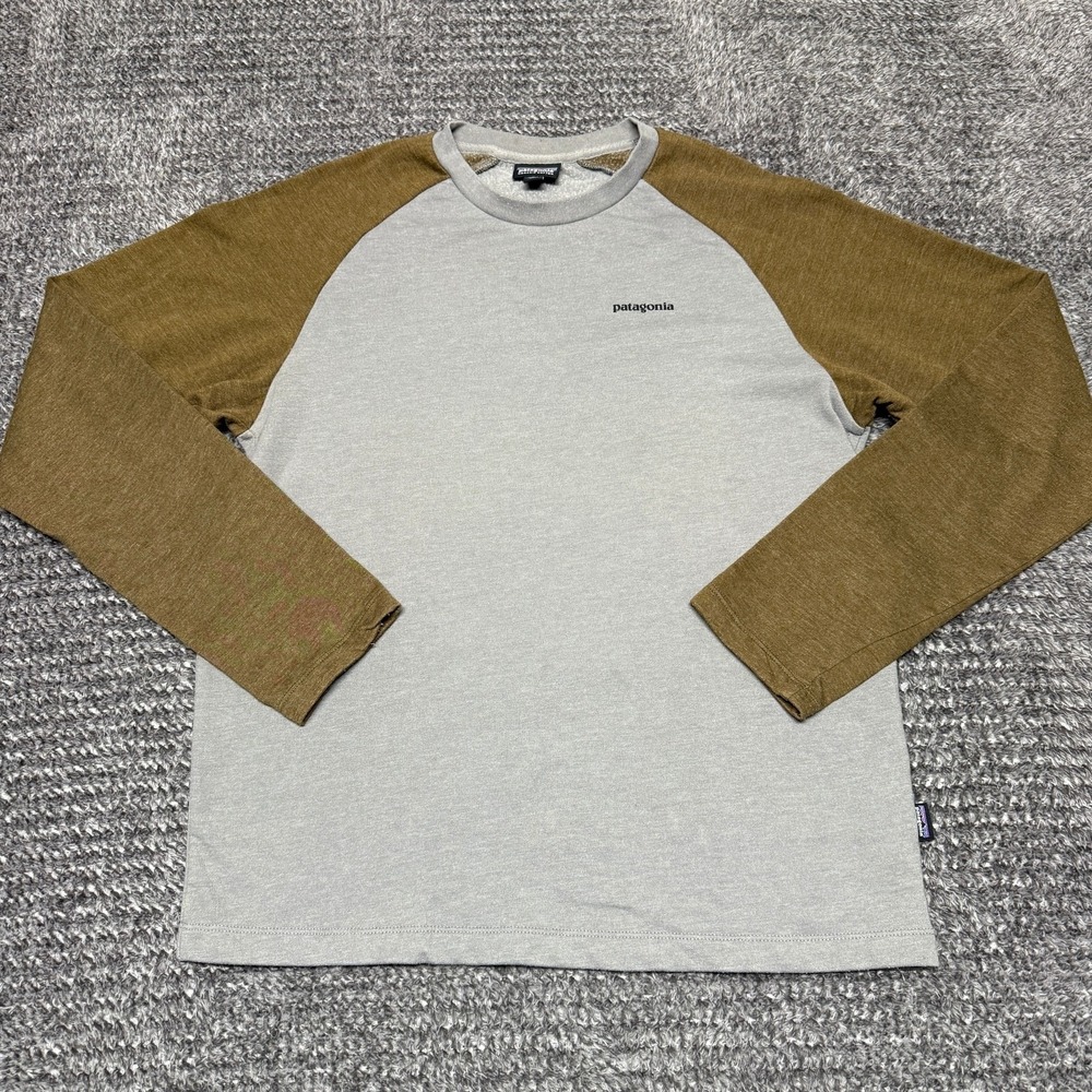 Patagonia Mens Long Sleeve Shirt M Gray Brown Raglan Organic Cotton Graphic Logo